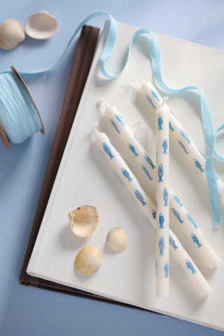 Taper Candle White With Blue Fish 20cm