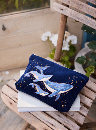 Mystical Whale Navy Velvet Everyday Pouch