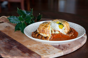 Goats Cheese & Leek Pithiver, Roast Red Pepper Coulis