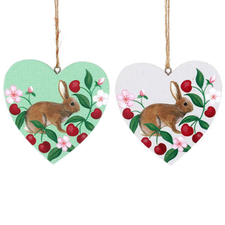 Cherries & Bunny Wood Heart Decoration