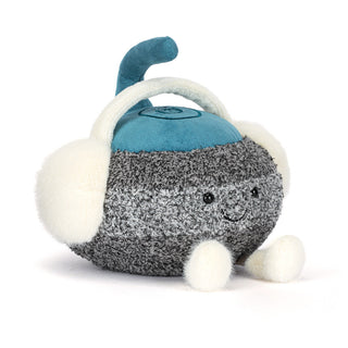 Jellycat Amuseables Sports Cariss Curling Stone side angle. Blue handle, grey granite with white fluffy boots and ear muffs