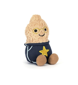 Plush peanut shaped toy resembling a character with a star on a navy outfit on a white background