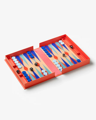 Open Art of Backgammon box game with counters and dice