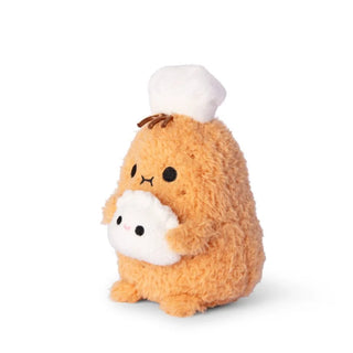 Plush toy resembling a small potato with a chef's hat and holding a dumpling on a white background