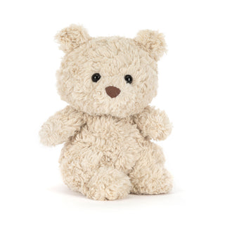 Cuddly small beige teddy bear on a white background