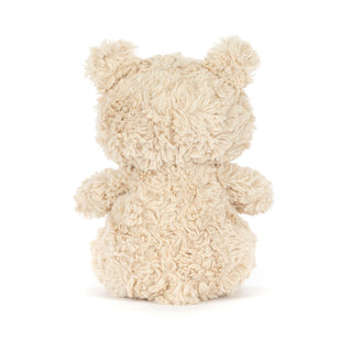 Back view of a Fluffy beige teddy bear on a white background