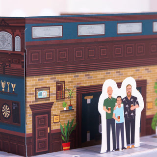 Card motif of pub clientelle beside the walls of the build your own pub