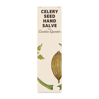 Box of celery seed hand salve with botanical illustrations on a white background