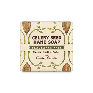 Bar of celery seed hand soap with decorative packaging on a white background