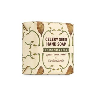 Bar of celery seed hand soap with decorative packaging on a white background