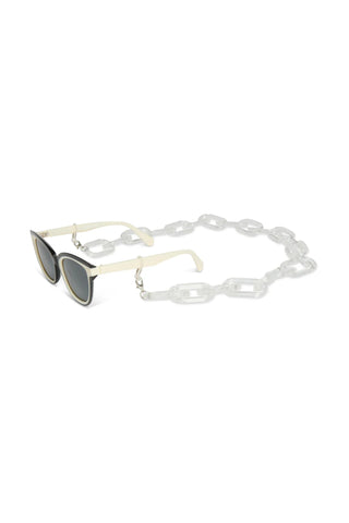 Glasses with a clear acrylic chain on a white background