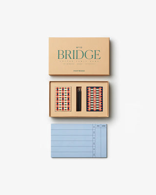 Bridge card game set with packaging and score pads on a white background