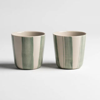 Two Green & White striped ceramic handless mugs