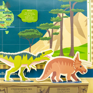 front view of 2 dinosaurs, a t-rex and triceratops on the base of the timeline