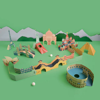 world flick golf full course of world monuments with hill and green background and white ball