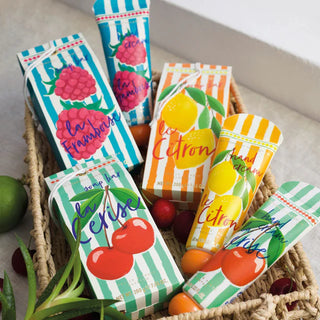 Colourful Fruity Stripes full range (la framboise, le citron & La cerise) in a woven basket