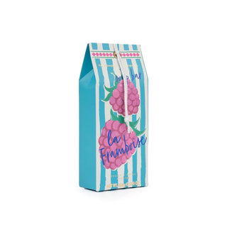 La Framboise soap bar in a blue and white striped card packaging with raspberry motif set against a white background