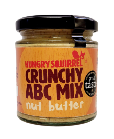 Jar of Hungry Squirrel Crunchy ABC Mix nut butter with a black lid and orange label