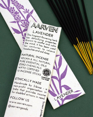 Aarven Lavender incense sticks with packaging on a green background