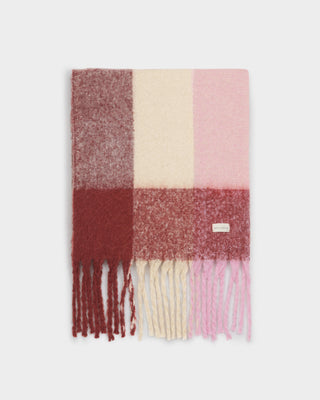 Recycled Checked Tassel Scarf Pink/Burgundy/Cream