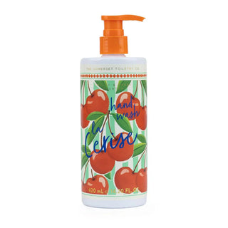 Hand wash bottle with cherry design and orange pump on a white background