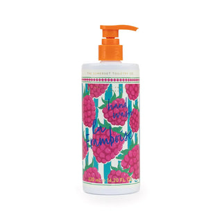Hand wash bottle with floral design and orange pump on a white background
