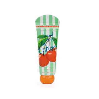 Hand cream with green and white striped packaging featuring a cherry motif on a white background
