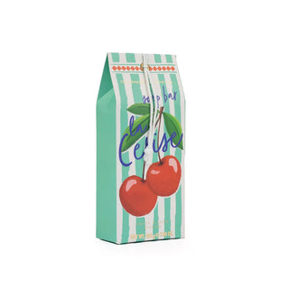 Packaging of La Cerise cherry soap bar with green and white striped design and cherry motif on a white background
