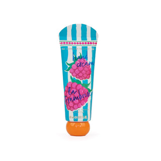 Hand cream tube with blue and white striped design and pink raspberries on a white background with an orange lid