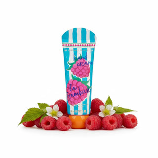 Handcream product with blue and white stripes and raspberry design surrounded by raspberries & white flowers on a white background