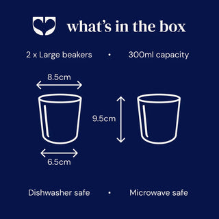 Product packaging diagram showing two large beakers with dimensions and safety features on a blue background.