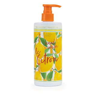 Hand wash bottle with lemon design and orange pump on a white background