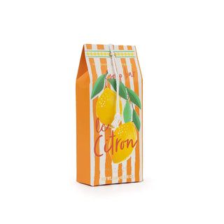 Le Citron Bar Soap in packaging with orange and white stripes and a lemon motif.