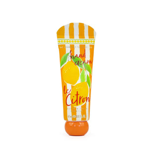 Hand cream tube with orange and white stripes and lemon motif on a white background