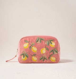 Lemon Blossom Velvet Makeup Bag - Coral