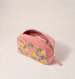 Lemon Blossom Velvet Makeup Bag - Coral