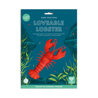 Packaging for Make Your Own Loveable Lobster. Dark blue with a bright red lobster motif