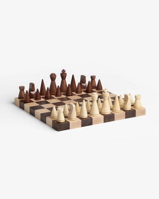 Minimalist Wooden chess set with checkered board on a white background