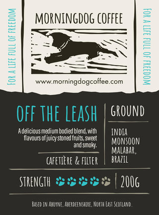 MorningDog Coffee label with a dog illustration and coffee blend details.