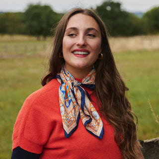 Phoebe Floral Square Scarf - Blue & Burnt Orange