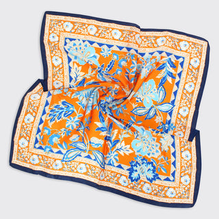 Phoebe Floral Square Scarf - Blue & Burnt Orange