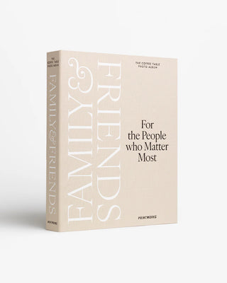 Beige photo album titled 'Family & Friends' on a white background