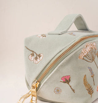 Pressed Flowers Velvet Open Flat Makeup Bag Sage