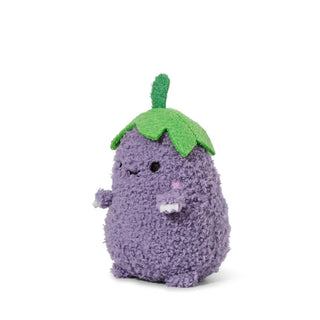 Angled view of a Plush toy shaped like an eggplant with a green stem on a white background