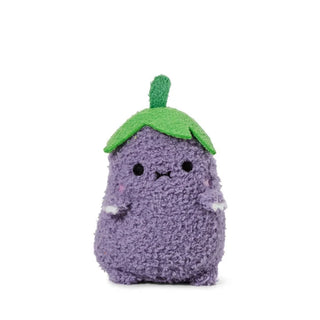 Purple aubergine shaped plush toy with a green leaf on a white background