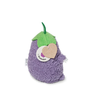 Side View of a Purple plush toy resembling an aubergine with a green stem on a white background