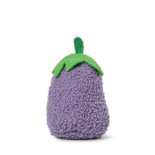 Back view of a Plush toy shaped like an eggplant with a green stem on a white background