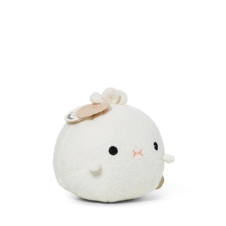 White plush toy of a dumpling with round sales tags on a white background