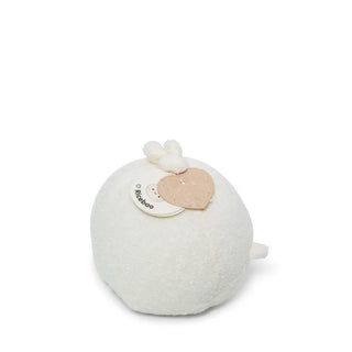 Top & back view of a White plush toy with a heart sales tag on a white background