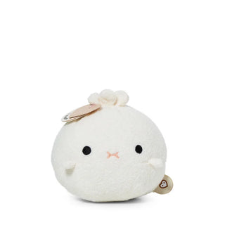 White plush toy with black eyes and a pale pink mouth on a white background